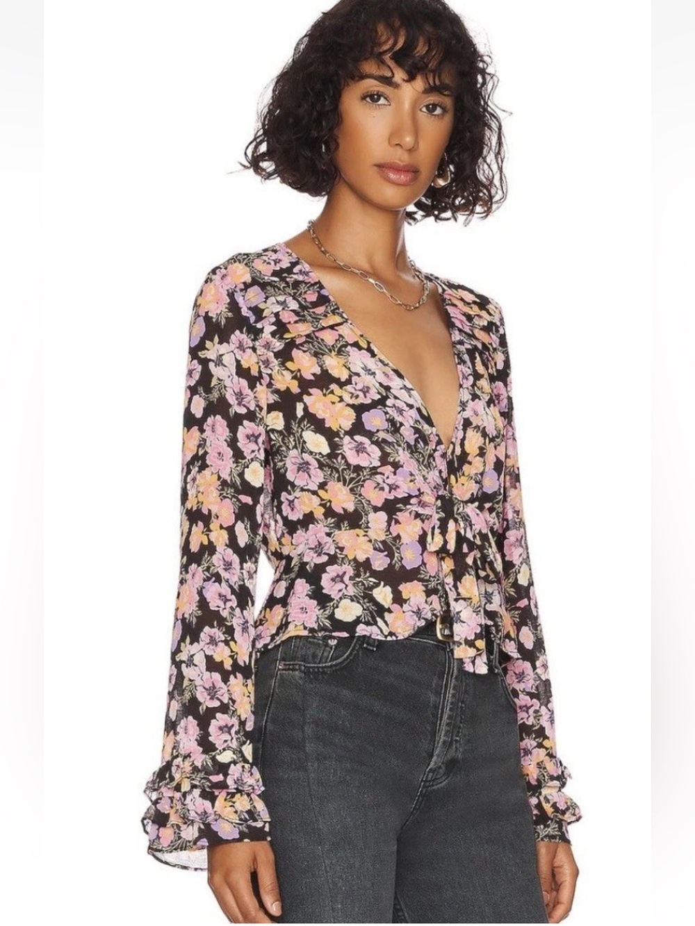 Free People Maybel Floral Tie-Front V-Neck Blouse in Black, Pink, Yellow Sz M
